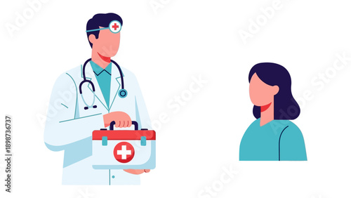 Medical Consultation: Illustration of a doctor with a stethoscope and medical kit offering support to patient, symbolizing healthcare and well-being.