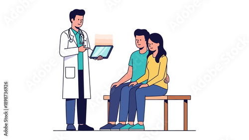 Consultation: A healthcare professional consults with a couple, reviewing their medical history and discussing potential treatments, in a setting designed for medical consultations.