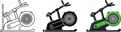 Elliptical trainer icons in outline silhouette and color representing fitness equipment for gym or home workouts isolated on white
