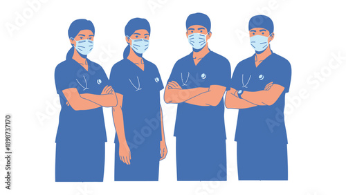 Healthcare Heroes: A team of dedicated healthcare workers, masked and poised, ready to serve and heal with unwavering commitment, reflecting professionalism and empathy.