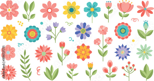 Cute Colorful Floral Illustration Set with Hand Drawn Style Flowers Leaves and Decorative Botanical Elements for Spring and Summer Design