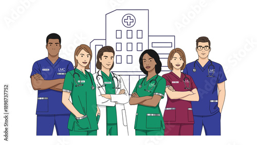 Healthcare Heroes: A team of dedicated healthcare professionals, united in their commitment to care, stands confidently against the backdrop of a modern medical facility.
