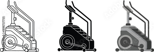 Set of stair climber machine icons representing cardio exercise and fitness equipment for gym and home workouts isolated on white