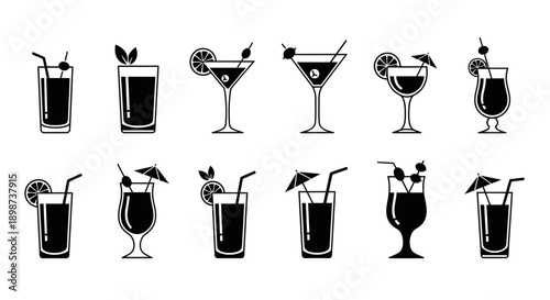 Cocktail Drink Icons Set – Alcoholic Beverage Glass Bar Silhouettes