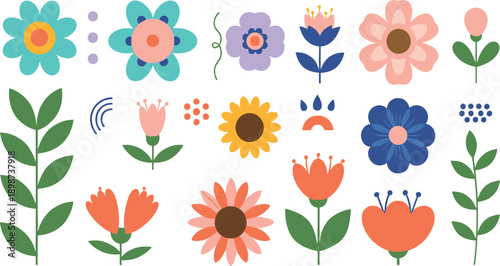 Cute Floral and Decorative Flower Flat Illustration Set Featuring Colorful Blossoms Leaves and Botanical Elements for Spring Nature and Creative Design Projects