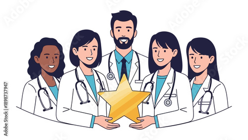 Medical Team with Star Award: A group of caring medical professionals holding a golden star, a symbol of excellence and dedicated service. Conveying teamwork, recognition, and the important of health.