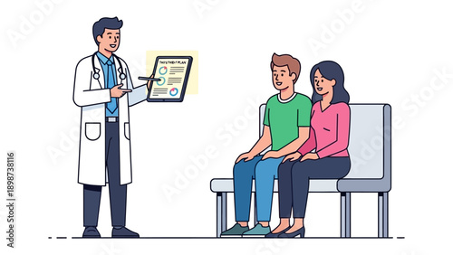 Health Consultation: A doctor is presenting information to a couple, depicting a medical consultation, emphasizing patient care and professional dialogue.