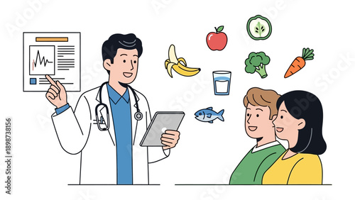 Dietician's Advice: A friendly dietician provides dietary guidance to a couple, presenting healthy food options.