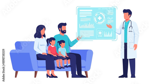 Medical Consultation with Family: A family consults with a doctor regarding health, represented by medical illustrations and digital interface.