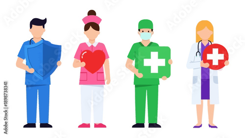 Healthcare Heroes Standing Together: A dedicated group of healthcare professionals, each bearing a symbol of care, unity, and protection, stand shoulder to shoulder.
