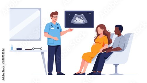 Prenatal Care: Doctor discussing ultrasound results with a pregnant woman and her partner, symbolizing the journey of parenthood and the miracle of new life.