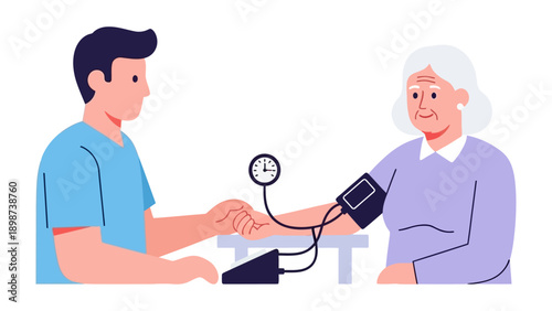 Health Checkup: A healthcare professional taking a senior woman's blood pressure, promoting health awareness. 