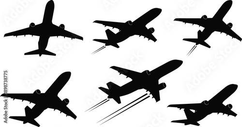 Six black airplane silhouettes in various flight positions aircraft aviation travel