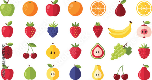 Fresh Fruit Icon Set Featuring Apples Citrus Berries Bananas Grapes Pears and Tropical Produce Illustrations for Healthy Nutrition Organic Food and Market Design