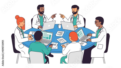 Collaborative Consultation: A group of dedicated physicians engage in a focused discussion, analyzing data and collaborating to provide the best possible care, working together around a table.