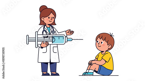 Doctor with syringe with patient: A doctor, with caring gestures, is holding a syringe preparing for an injection. The child patient calmly waits for medical treatment