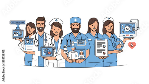 Medical Team: Dedicated medical professionals, doctors and nurses, stand united, showcasing the tools of their trade, embodying expertise and compassion.