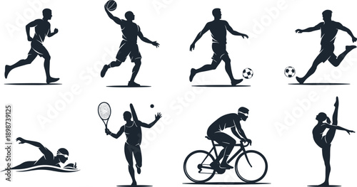 Athlete silhouette set for sports fitness running soccer and basketball