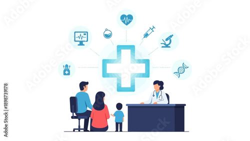 Medical Consultation: A family consults with a medical professional. Surrounded by medical symbols, it's a visual representation of healthcare services.