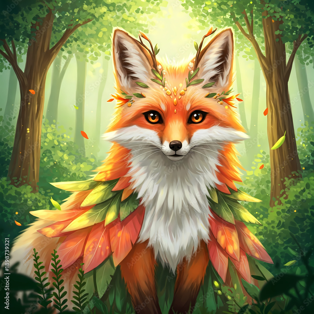 Obraz premium Majestic fox spirit with leaf crown in a sunny magical forest