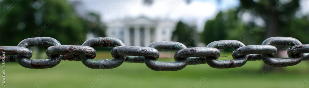 Naklejka premium Red tape and government shutdown create chain of obstacles editorial use symbolizing restriction and delay in progress