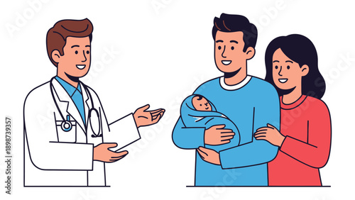 Newborn Introduction: A doctor introduces a newborn to the parents with a caring touch, symbolizing the beginning of a family’s journey and the joy of a healthy start.