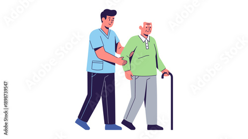 Assistance and Compassion: A healthcare worker assists an elderly man with a walking stick, symbolizing care, support, and empathy.