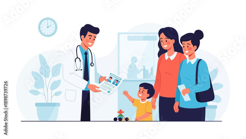 Health Check with a Smile: A healthcare provider offers advice while interacting with patient, a happy child, and his two mothers, in a caring environment.
