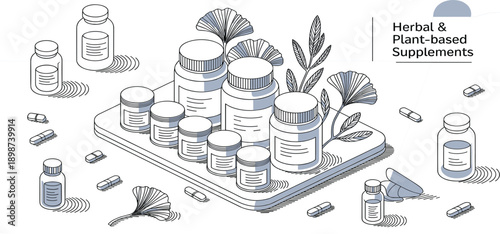 Herbal and Plant Based Supplement Illustration Set with Vitamin Bottles, Capsules, Natural Ingredients, and Wellness Products for Nutrition and Healthcare Design