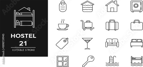 Hostel Line Icon Set with Bunk Bed, Luggage, Key, Sofa, Drink, and Travel Accommodation Symbols for Tourism and Hospitality Design Projects