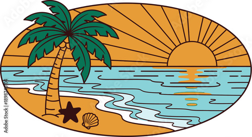 Tropical beach scene with palm tree at sunset