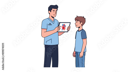 Medical Consultation: A healthcare professional points to an illustration of the human heart, providing vital insights to a patient, fostering understanding and care.