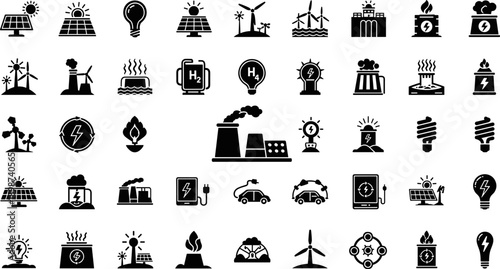 Renewable energy and power industry icons for solar wind and nuclear