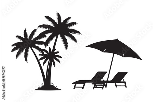 A tropical beach scene featuring palm trees lounge chairs and a beach umbrella