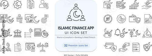 Islamic Finance, Halal Investment and Zakat line icons. Vector illustration