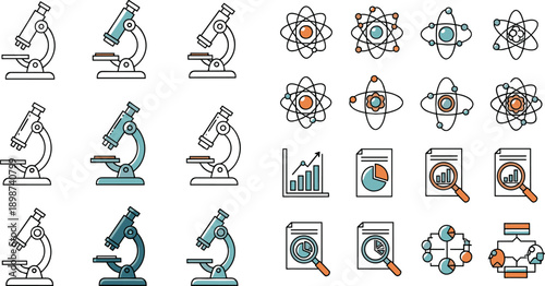 Science research and data analytics icon set with microscope and atoms