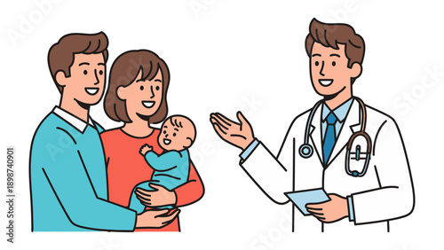 Pediatric Consultation: A young couple and their infant consult with a pediatrician, fostering an environment of trust and well-being. Capturing care and assurance.