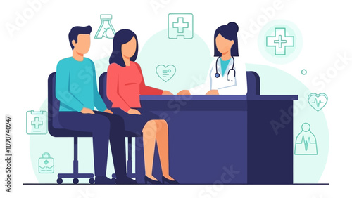 Patient Consultation: A couple consults with a medical professional at a desk.