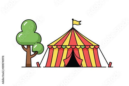 Carnival Circus Tent and Tree Vector Illustration - Flat Line Art Design for Festivals and Outdoor Events
