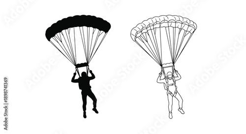 Skydiver silhouettes a solid black and a detailed line drawing