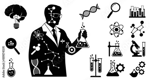 Scientist silhouette vector with lab icons for education and research