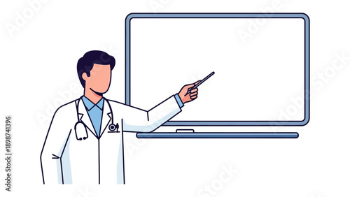 Doctor Presentation: A medical professional, adorned in a pristine white coat, points towards a blank whiteboard, ready for a vital presentation on healthcare education, medical practice.