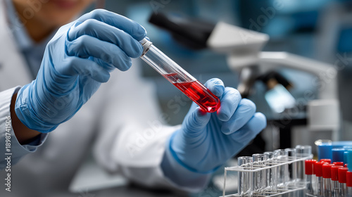 Wallpaper Mural Faceless researcher hands in protective gloves holding test tube with blood sample, scientific analysis preparation, modern clinical laboratory workspace, specimen handling procedu Torontodigital.ca