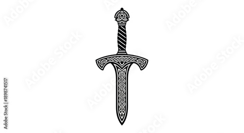 An ornate black and white illustration of a medieval fantasy sword