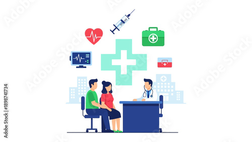 Medical Consultation: A couple consults with a doctor in a medical setting, with medical symbols indicating health.