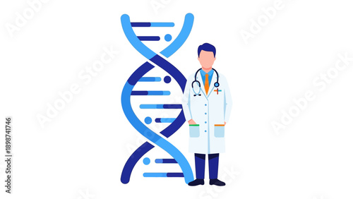 Medical Professional and DNA Illustration: A medical professional stands beside a vibrant illustration of a DNA strand.