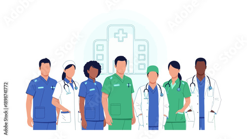 Healthcare Heroes: A united front of medical professionals, standing tall with unwavering resolve and dedication, epitomizing the essence of compassion and care. 