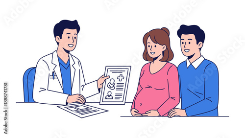Expectant Consultation: A healthcare professional discusses a medical report with a pregnant woman and her partner. This scene represents the journey of maternity, emphasizing communication, care.