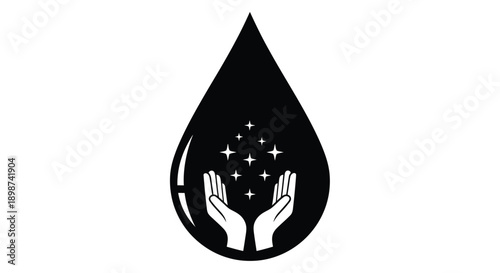 A black droplet shape cradling hands and glittering starbursts