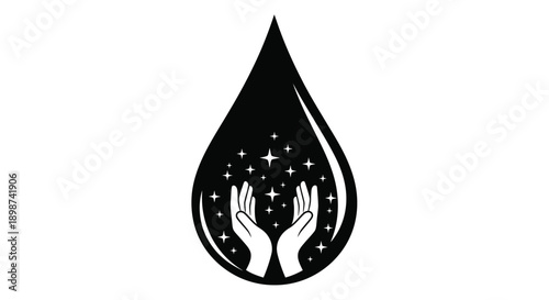 A black droplet shape contains glowing hands and sparkling star elements